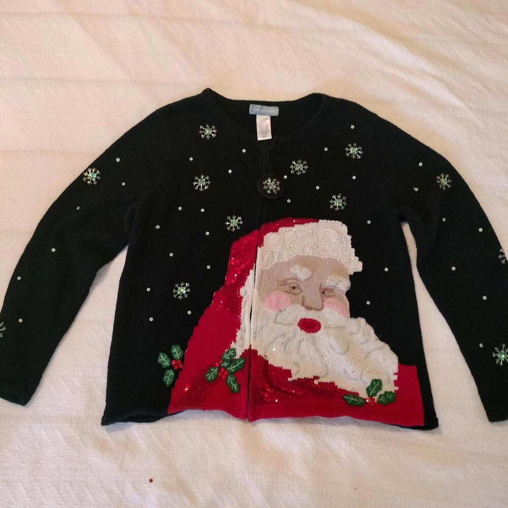 VTG Classic Elements L Sweater Cardigan ZipUp Santa 3D Beads Snowflake Tacky